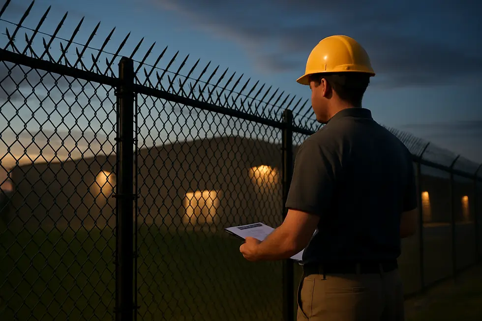 Anti-climb fences with reinforced chain links and spiked tops protect commercial properties.