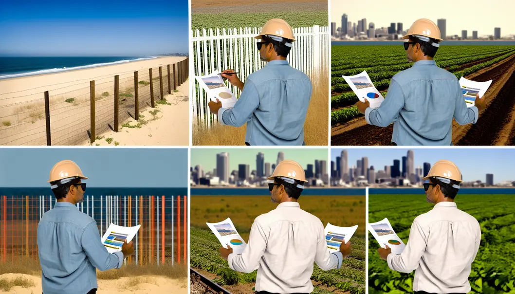 Fence contractor evaluating different fence materials and their properties in a well-equipped supply yard.