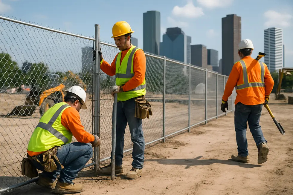 Fence installation crew working amidst labor shortages at a construction site in Houston.