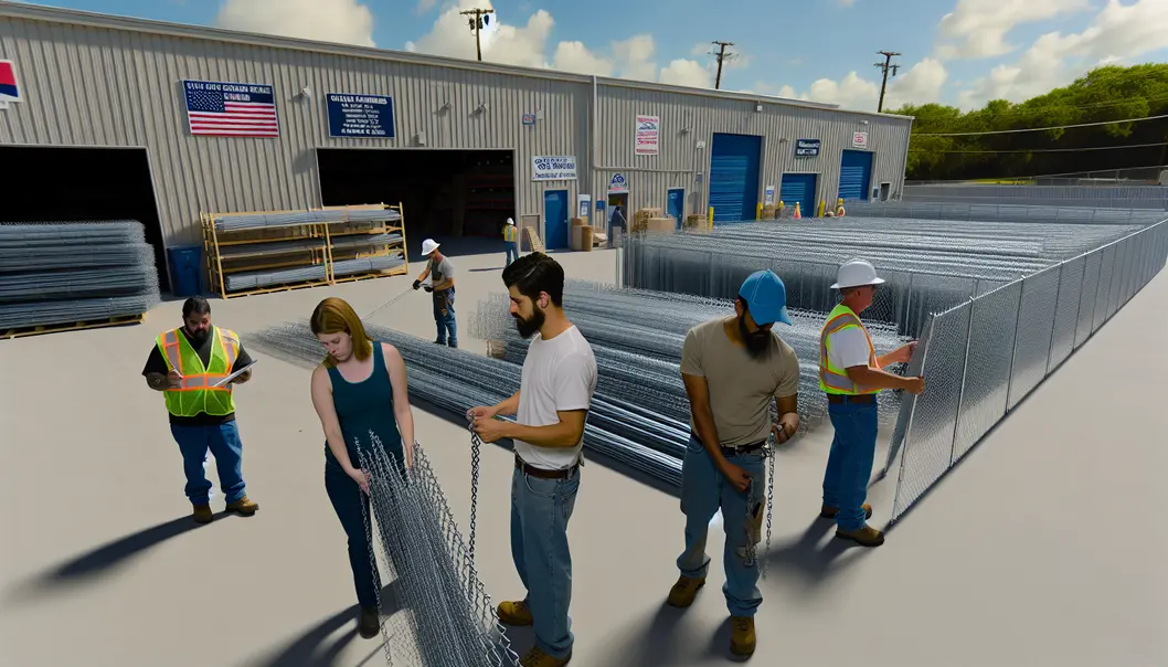 Contractors inspecting high-quality chain link materials at Trust Houstonian Fence Supply warehouse in Houston