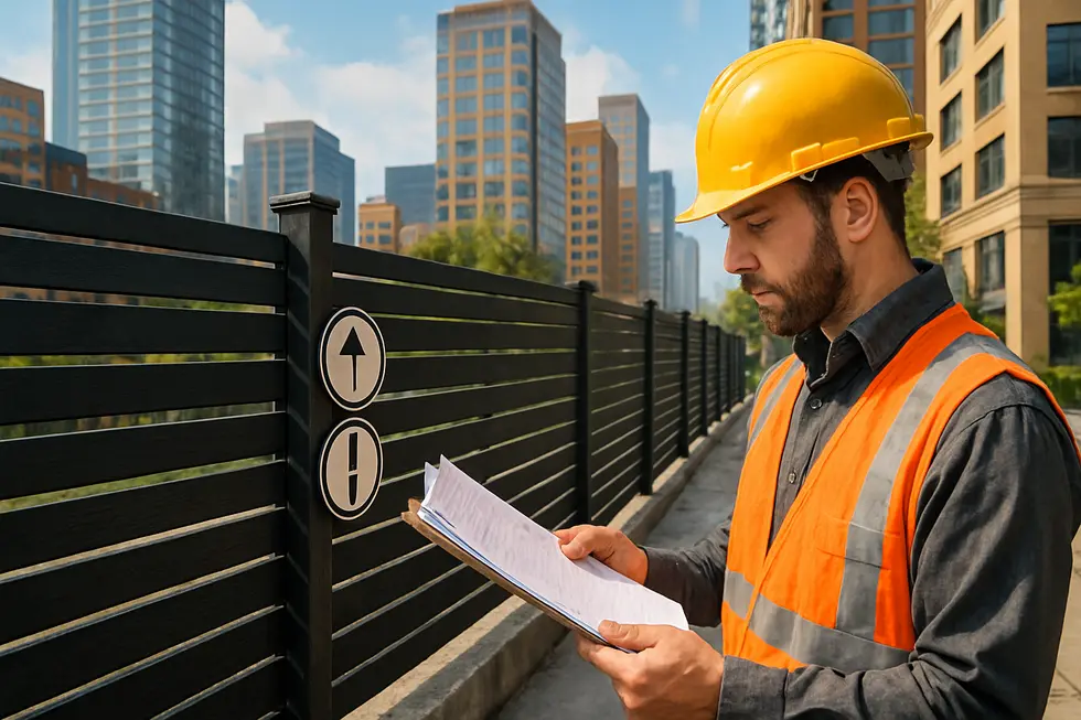 Illustration of urban fences conforming to recent height regulations amidst city surroundings.
